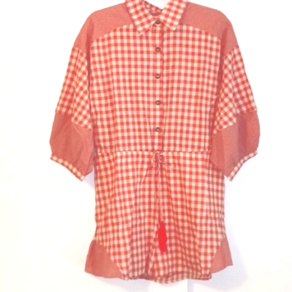 Peach Love California Vintage Style Red & Cream Gingham Romper in Size L (NWOT)